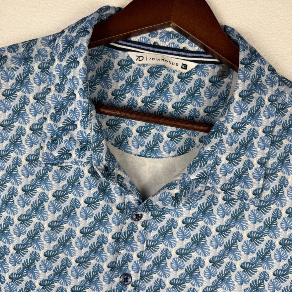 7 Diamonds Belize Polo Shirt Mens XL Blue Monstera Leaf 4-Way Stretch SMP-1578